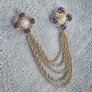 Gold-Tone Purple Cabochon and Pearl Chain Brooch Set/Sweater Clips